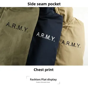 Detail of chest print and side pockets on fleece lined military style hooded jackets