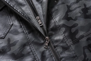 Detail of dark camo faux leather jacket with metal dual zippers and clean stitching