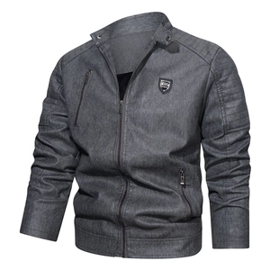 Retro men's PU leather jacket with stand collar and zipper pockets in dark grey finish