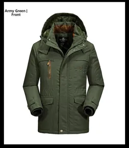 Detailed front view of green hooded winter parka with multiple pockets and warm lining
