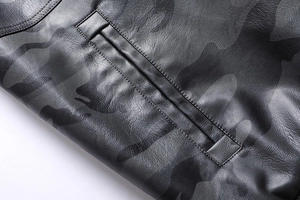 Detail of camouflage faux leather jacket showing pocket stitching and grainy texture