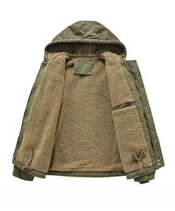 Detail view of army green hooded jacket showing brown sherpa fleece lining and L size label
