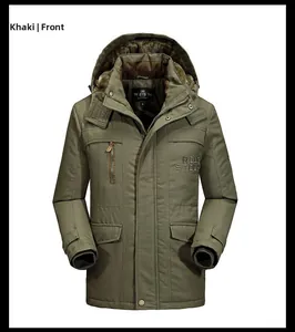 Detail of khaki men's winter parka with warm faux fur collar and embroidered logo