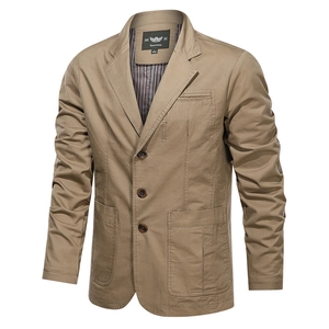 Blazer Casual da Uomo in Cotone Rever a Dente Vintage Giacca da Business Tre Bottoni Tasche Applicate Workwear