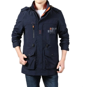 Men's navy outdoor jacket with orange lining and multiple pockets for autumn hiking