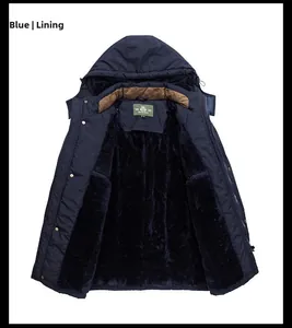 Detail view of the thick black fleece lining inside the blue men's hooded winter jacket