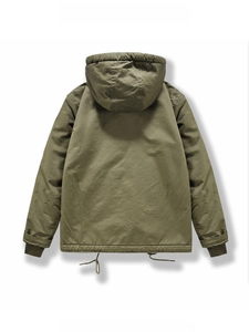 Back view of army green hooded parka jacket with ribbed cuffs and adjustable drawstring