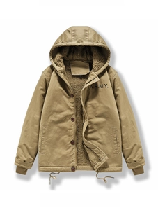 Detail of khaki military parka jacket showing warm thick sherpa lining and A.R.M.Y print