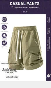Detail of water-repellent fabric on khaki cargo shorts with adjustable drawstring pockets