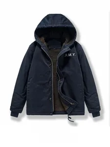 Detailed view of heavy navy blue men's jacket with warm fleece lining and A.R.M.Y. print