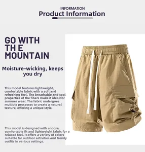 Detail of khaki water-repellent cargo shorts with elastic drawstring waist and 3D pockets