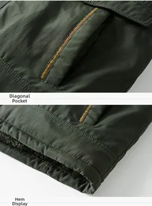 Détail d'une veste d'hiver vert foncé avec poches latérales et ourlet coupe-vent