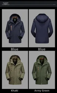 Detail view of winter parkas in blue, khaki, and army green with fleece lining and hoods