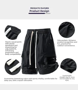 Detailed views of water-repellent cargo shorts with elastic waist and drawstring