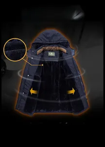 Detail of warm plush lining and windproof fabric on navy blue men winter coat