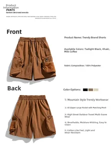 Detail view of water-resistant outdoor cargo shorts featuring functional mesh zipper pockets