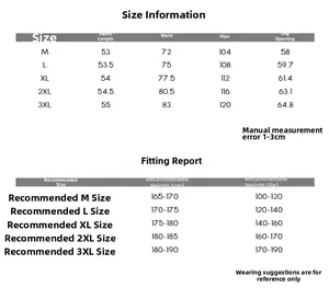 Detailed size chart for water-repellent cargo shorts with height and weight suggestions