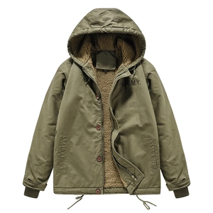 Men's army green hooded windbreaker jacket with warm brown sherpa fleece lining