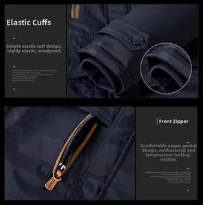 Detail of elastic ribbed cuffs and zippered chest pocket on a navy outdoor jacket