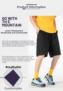 Détail du short cargo noir imperméable montrant la résistance à l'eau de niveau 4 et poches