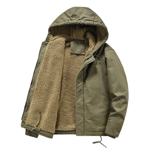 Army green hooded utility jacket for men with warm brown fleece lining and drawstring hood