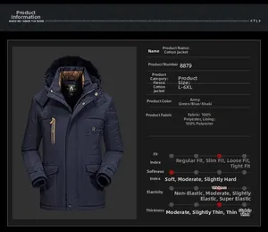 Detailed close-up of dark blue men padded winter jacket with functional zippers and pockets
