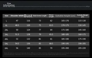 Detailed size guide for men's winter coat featuring measurements from L to 6XL sizes