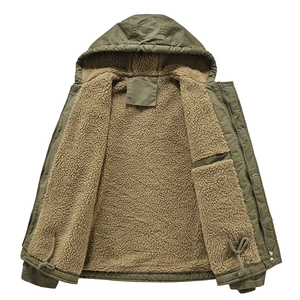 Men's olive green hooded parka jacket with warm fleece lining and military workwear style