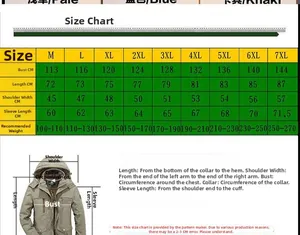 Size chart for men's winter hooded coat showing measurements for M to 7XL in CM