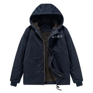 Men's navy blue windproof hooded jacket with warm fleece lining and A.R.M.Y. print
