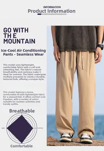Detail view of khaki lightweight ice silk pants featuring drawstring elastic waist and straight cut