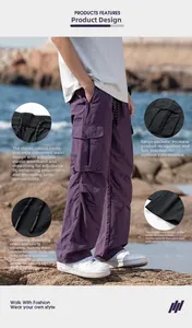 Detail view of purple nylon cargo pants featuring drawstring waist and large side pockets