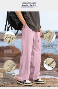 Detail showing elastic drawstring waistband and loose fit on lavender hiking pants