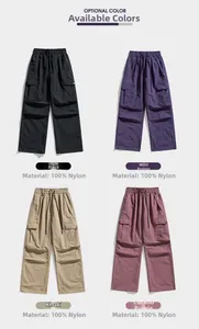 Detailed view of lightweight nylon cargo pants available in black, purple, khaki and pink