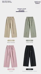 Detail grid of high-waist straight pants in khaki, green, pink, and black colors