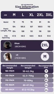 Detailed size chart for lightweight outdoor pants featuring M to 3XL measurements