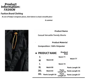 Size chart and fabric details for cargo shorts showing polyester material specifications