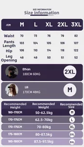 Size chart for casual hiking pants with measurements for waist length and weight guidance