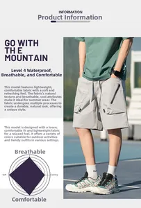 Detail showing grey cargo shorts with waterproof, breathable, and cooling fabric features