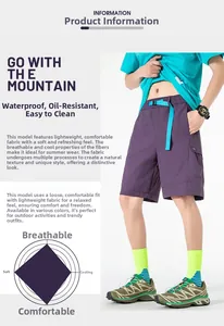Detail of purple cargo shorts showing waterproof, oil-resistant and cooling fabric features