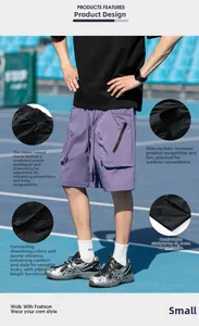 Detail view of purple cargo shorts featuring drawstring waist and zippered pockets