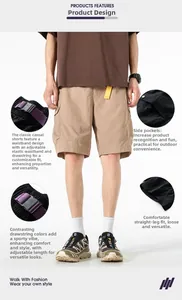 Detail view of khaki utility shorts featuring elastic waist, contrast drawstrings and pockets