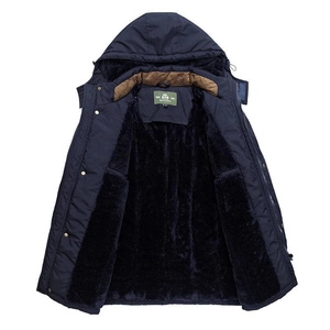 Navy blue men's hooded winter coat with warm fleece lining and metallic button closure