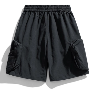 Detail of outdoor cargo shorts with large utility mesh pocket and elastic waist