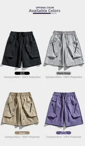 Detail view of cargo shorts in black, gray, khaki and purple with 100% polyester fabric