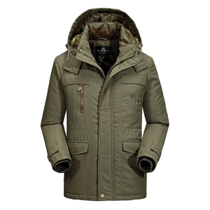 Army green men's hooded winter parka jacket with thick faux fur lining and outdoor utility design