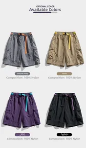 Detail view of quick-dry nylon cargo shorts in four colors with contrast belts