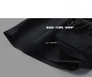 Macro detail of techwear cargo shorts featuring mesh pocket, D-ring, and drawstrings