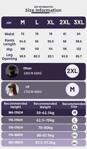 Detailed size chart for cargo shorts featuring measurements from M to 3XL for ideal fit
