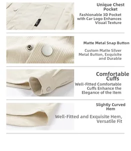 Detailed close-up showing corduroy texture, functional chest pocket, and matte metal buttons